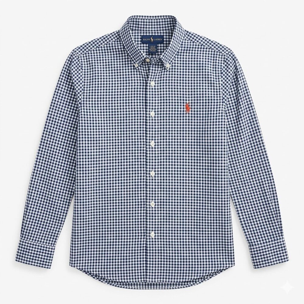 Polo Ralph Lauren Teens Large 14/16 Navy Blue Gingham Check Dress Shirt Oxford